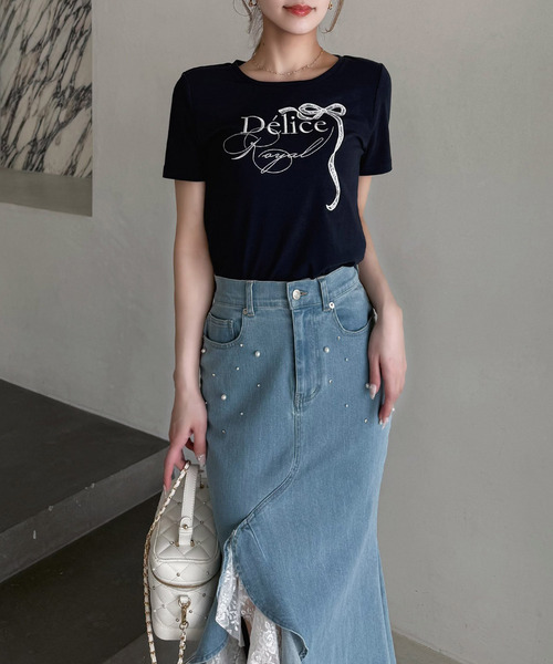 ROYAL PARTY(ロイヤルパーティー)の「ロゴ刺しゅうレースリボンTシャツ(Tシャツ/カットソー・レディース・ネイビー/ブルー/オフホワイト・FREE)」の4枚目の写真