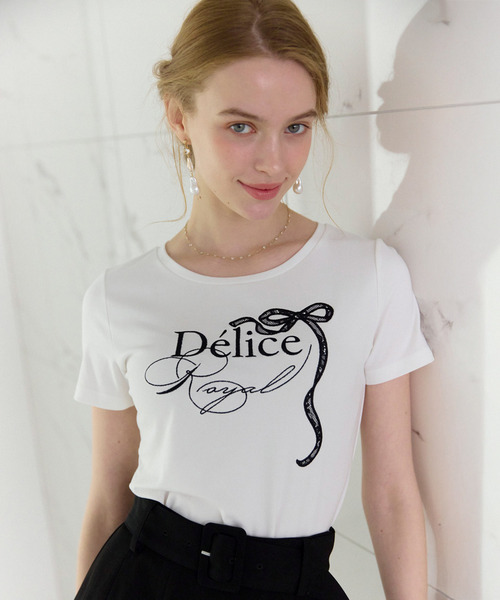 ROYAL PARTY(ロイヤルパーティー)の「ロゴ刺しゅうレースリボンTシャツ(Tシャツ/カットソー・レディース・ネイビー/ブルー/オフホワイト・FREE)」の2枚目の写真