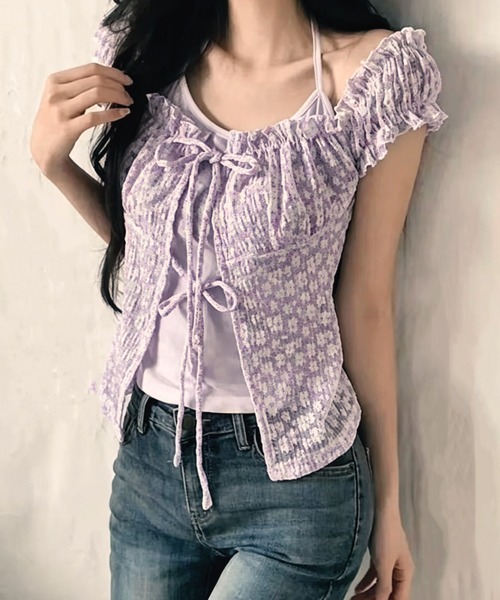 GEMEDA(ジェメダ)の「【3color】小花柄×レースであざと可愛い♡ シャーリング半袖トップス / 韓国ガーリーブラウス(シャツ/ブラウス・レディース・ブルー/パープル/ホワイト・M)」の3枚目の写真