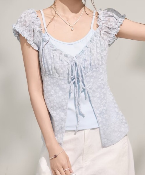 GEMEDA(ジェメダ)の「【3color】小花柄×レースであざと可愛い♡ シャーリング半袖トップス / 韓国ガーリーブラウス(シャツ/ブラウス・レディース・ブルー/パープル/ホワイト・M)」の11枚目の写真