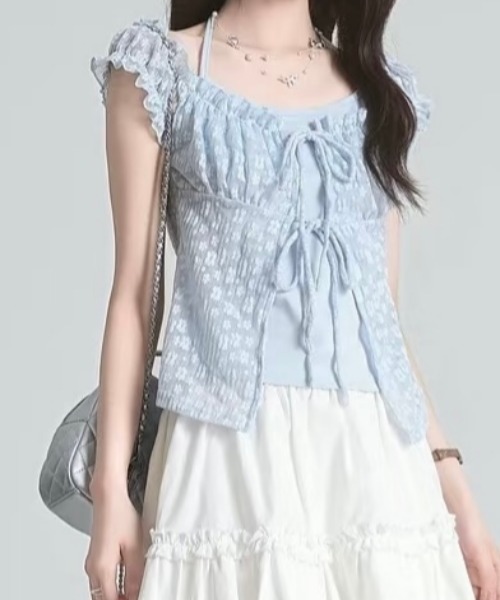 GEMEDA(ジェメダ)の「【3color】小花柄×レースであざと可愛い♡ シャーリング半袖トップス / 韓国ガーリーブラウス(シャツ/ブラウス・レディース・ブルー/パープル/ホワイト・M)」の12枚目の写真