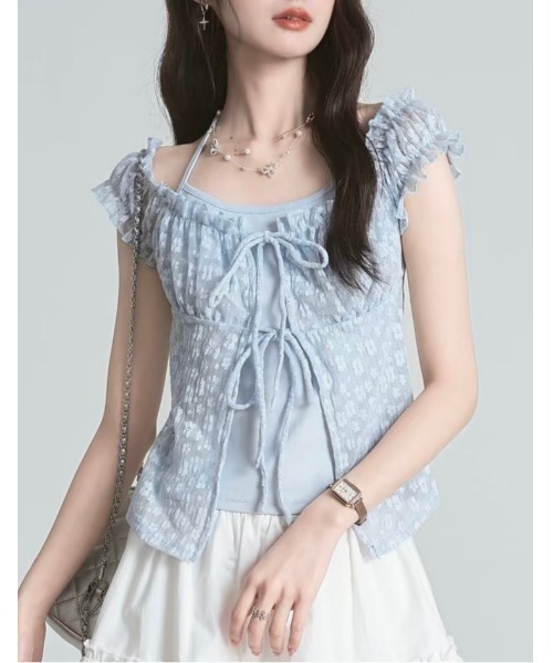 GEMEDA(ジェメダ)の「【3color】小花柄×レースであざと可愛い♡ シャーリング半袖トップス / 韓国ガーリーブラウス(シャツ/ブラウス・レディース・ブルー/パープル/ホワイト・M)」の13枚目の写真