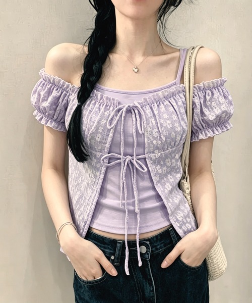 GEMEDA(ジェメダ)の「【3color】小花柄×レースであざと可愛い♡ シャーリング半袖トップス / 韓国ガーリーブラウス(シャツ/ブラウス・レディース・ブルー/パープル/ホワイト・M)」の16枚目の写真