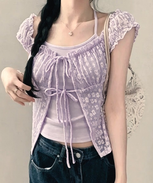 GEMEDA(ジェメダ)の「【3color】小花柄×レースであざと可愛い♡ シャーリング半袖トップス / 韓国ガーリーブラウス(シャツ/ブラウス・レディース・ブルー/パープル/ホワイト・M)」の17枚目の写真