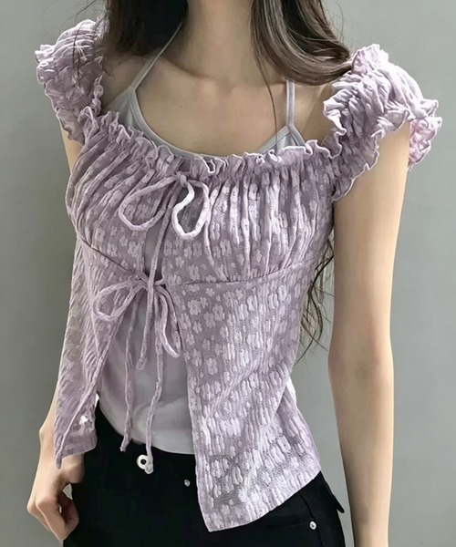 GEMEDA(ジェメダ)の「【3color】小花柄×レースであざと可愛い♡ シャーリング半袖トップス / 韓国ガーリーブラウス(シャツ/ブラウス・レディース・ブルー/パープル/ホワイト・M)」の19枚目の写真