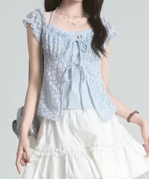 GEMEDA(ジェメダ)の「【3color】小花柄×レースであざと可愛い♡ シャーリング半袖トップス / 韓国ガーリーブラウス(シャツ/ブラウス・レディース・ブルー/パープル/ホワイト・M)」の21枚目の写真