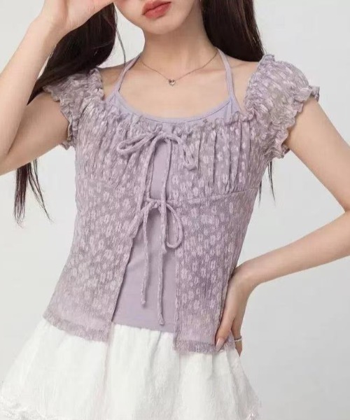 GEMEDA(ジェメダ)の「【3color】小花柄×レースであざと可愛い♡ シャーリング半袖トップス / 韓国ガーリーブラウス(シャツ/ブラウス・レディース・ブルー/パープル/ホワイト・M)」の22枚目の写真