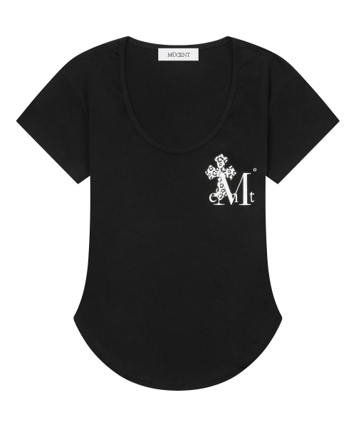 MUCENT(ムセント)の「サハラヒョウ柄クロスバックロゴUネッククルーネック半袖Tシャツ(2カラー)(Tシャツ/カットソー・レディース・ホワイト/ブラック・FREE)」の3枚目の写真