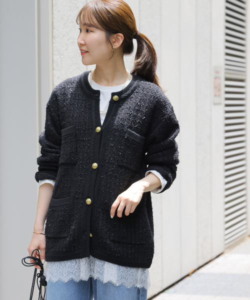 JOURNAL STANDARD relume(ジャーナルスタンダード レリューム)の「《WEB限定追加3》TWEEDYニットジャケット(カーディガン/ボレロ・レディース・ブラック/ブラック系その他・FREE)」の6枚目の写真
