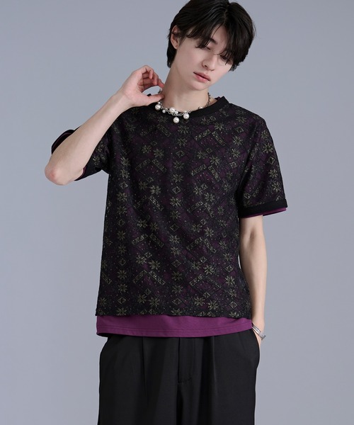 Ellno Loset(エルノロゼット)の「ラメプリントレースレイヤードTシャツ(Tシャツ/カットソー・メンズ・ボルドー/ブラック・SMALL/LARGE/MEDIUM)」の1枚目の写真
