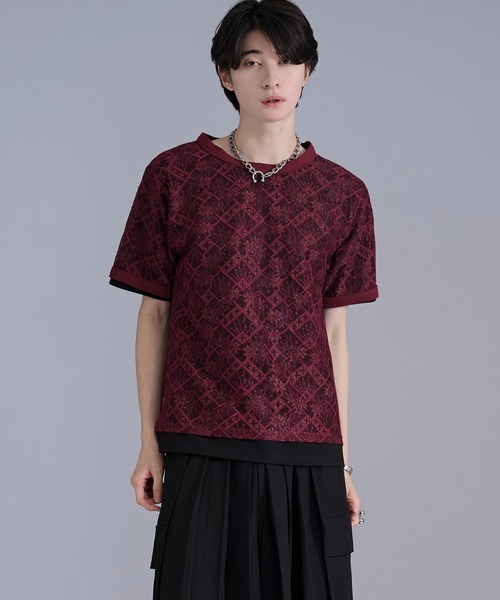 Ellno Loset(エルノロゼット)の「ラメプリントレースレイヤードTシャツ(Tシャツ/カットソー・メンズ・ボルドー/ブラック・SMALL/LARGE/MEDIUM)」の19枚目の写真