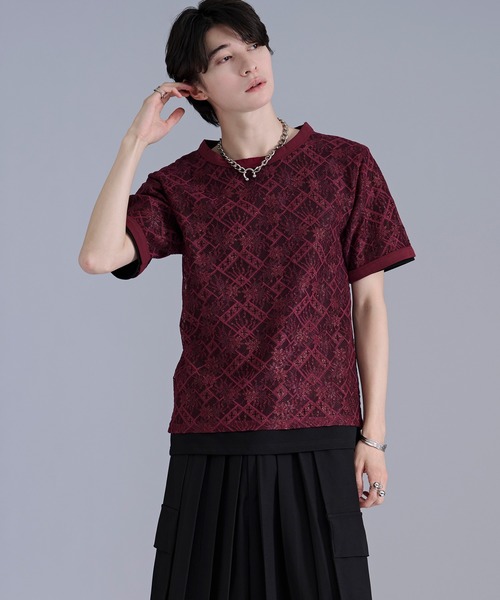 Ellno Loset(エルノロゼット)の「ラメプリントレースレイヤードTシャツ(Tシャツ/カットソー・メンズ・ボルドー/ブラック・SMALL/LARGE/MEDIUM)」の20枚目の写真