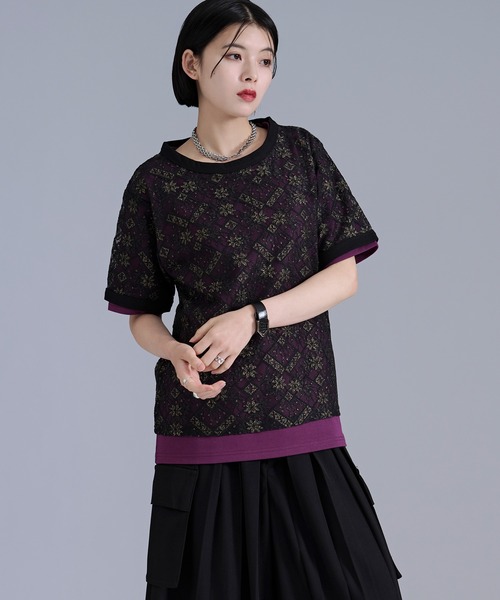 Ellno Loset(エルノロゼット)の「ラメプリントレースレイヤードTシャツ(Tシャツ/カットソー・メンズ・ボルドー/ブラック・SMALL/LARGE/MEDIUM)」の6枚目の写真