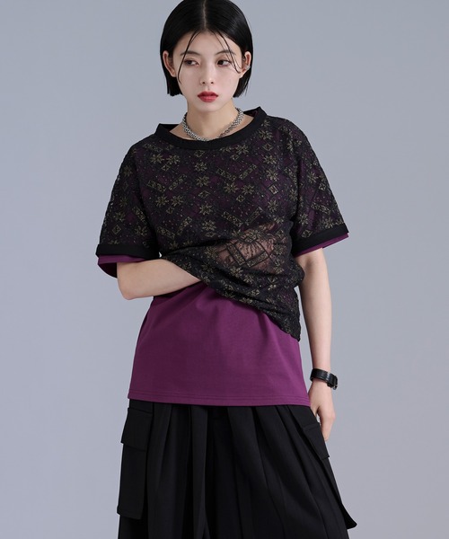 Ellno Loset(エルノロゼット)の「ラメプリントレースレイヤードTシャツ(Tシャツ/カットソー・メンズ・ボルドー/ブラック・SMALL/LARGE/MEDIUM)」の7枚目の写真