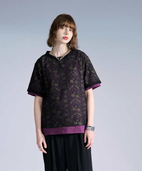 Ellno Loset(エルノロゼット)の「ラメプリントレースレイヤードTシャツ(Tシャツ/カットソー・メンズ・ボルドー/ブラック・SMALL/LARGE/MEDIUM)」の12枚目の写真