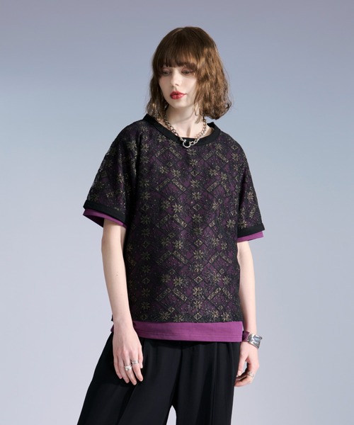 Ellno Loset(エルノロゼット)の「ラメプリントレースレイヤードTシャツ(Tシャツ/カットソー・メンズ・ボルドー/ブラック・SMALL/LARGE/MEDIUM)」の13枚目の写真