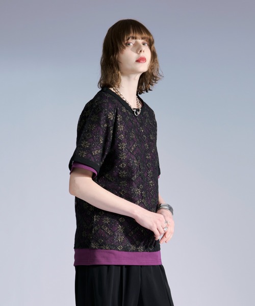 Ellno Loset(エルノロゼット)の「ラメプリントレースレイヤードTシャツ(Tシャツ/カットソー・メンズ・ボルドー/ブラック・SMALL/LARGE/MEDIUM)」の14枚目の写真
