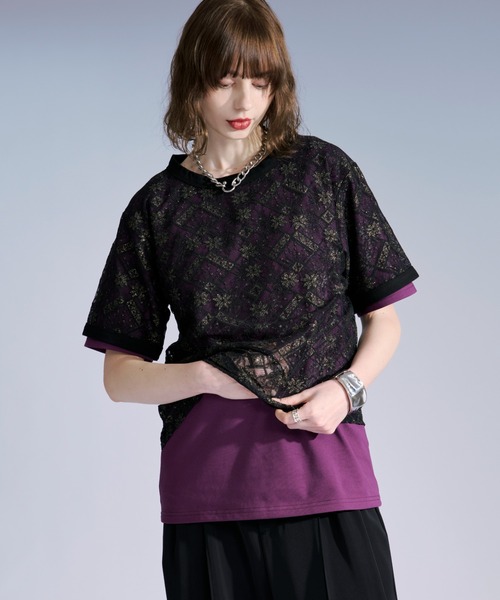 Ellno Loset(エルノロゼット)の「ラメプリントレースレイヤードTシャツ(Tシャツ/カットソー・メンズ・ボルドー/ブラック・SMALL/LARGE/MEDIUM)」の15枚目の写真