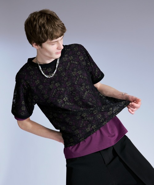 Ellno Loset(エルノロゼット)の「ラメプリントレースレイヤードTシャツ(Tシャツ/カットソー・メンズ・ボルドー/ブラック・SMALL/LARGE/MEDIUM)」の4枚目の写真