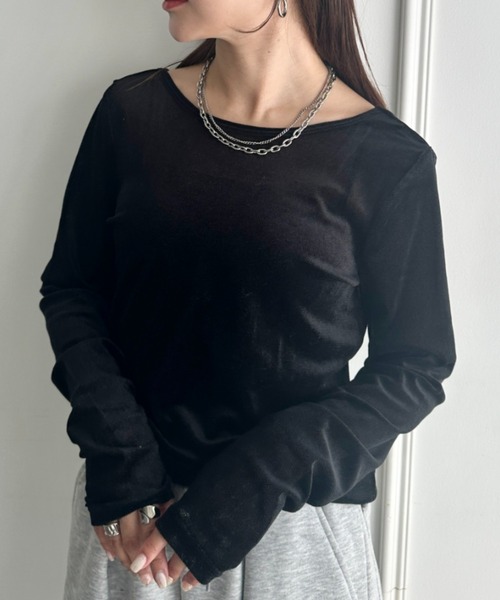 MYMOOD.(マイムード)の「光沢シアーベロアバッグオープントップス(Tシャツ/カットソー・レディース・オフホワイト/ブラウン/グレー/ブラック・FREE)」の2枚目の写真