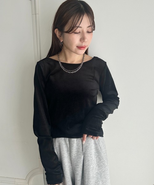 MYMOOD.(マイムード)の「光沢シアーベロアバッグオープントップス(Tシャツ/カットソー・レディース・オフホワイト/ブラウン/グレー/ブラック・FREE)」の10枚目の写真