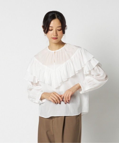 HELIOPOLE(エリオポール)の「FRILL BLOUSE / フリル ブラウス(シャツ/ブラウス・レディース・サックスブルー/ホワイト・38)」の1枚目の写真