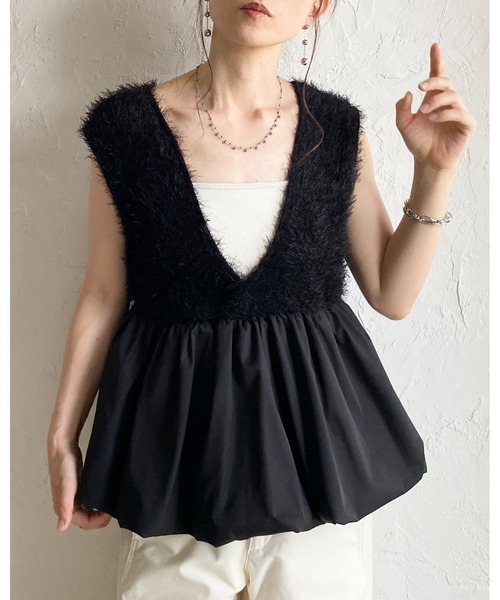 She's Closet(シーズクローゼット)の「前後2wayフェザーヤーン切り替えバルーンペプラムベスト(ベスト・レディース・ブラック/アイボリー/ブラウン・FREE)」の2枚目の写真