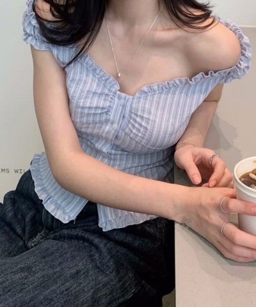 tunee(チュニー)の「【TUNE】オフショルフロントカットソー(Tシャツ/カットソー・レディース・サックスブルー/ピンク・FREE)」の6枚目の写真