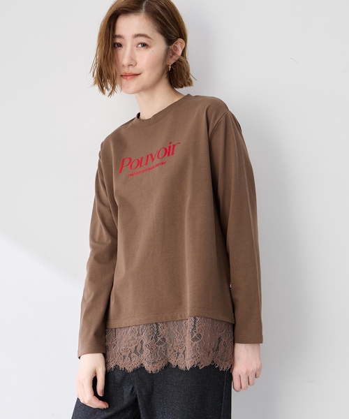 Petit Honfleur(プチオンフルール)の「レース切り替えロゴプリントカットプルオーバー(Tシャツ/カットソー・レディース・アイボリー/ブラウン・L/M)」の2枚目の写真