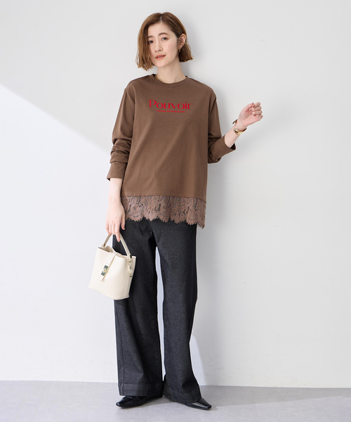 Petit Honfleur(プチオンフルール)の「レース切り替えロゴプリントカットプルオーバー(Tシャツ/カットソー・レディース・アイボリー/ブラウン・L/M)」の3枚目の写真