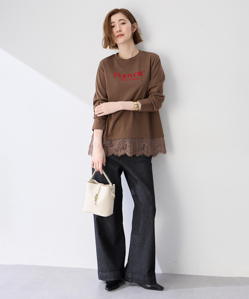 Petit Honfleur(プチオンフルール)の「レース切り替えロゴプリントカットプルオーバー(Tシャツ/カットソー・レディース・アイボリー/ブラウン・L/M)」の4枚目の写真