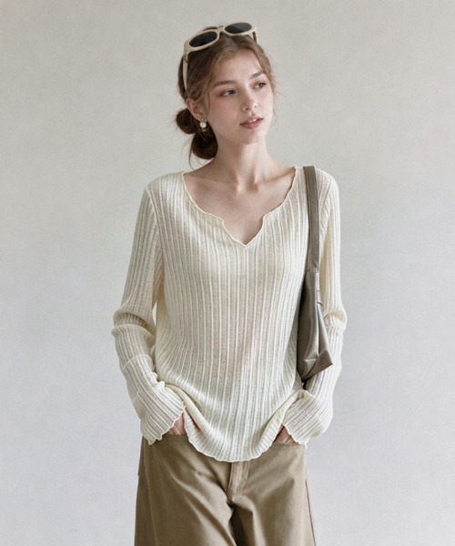 Ritzy(リッツィー)の「メロウヘム リブVネックシアー長袖トップス(Tシャツ/カットソー・レディース・ミント/アイボリー・M)」の7枚目の写真