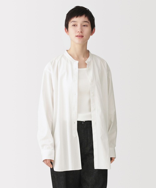 婦人 洗いざらし ブロードスタンドカラー長袖ロングシャツ（シャツ