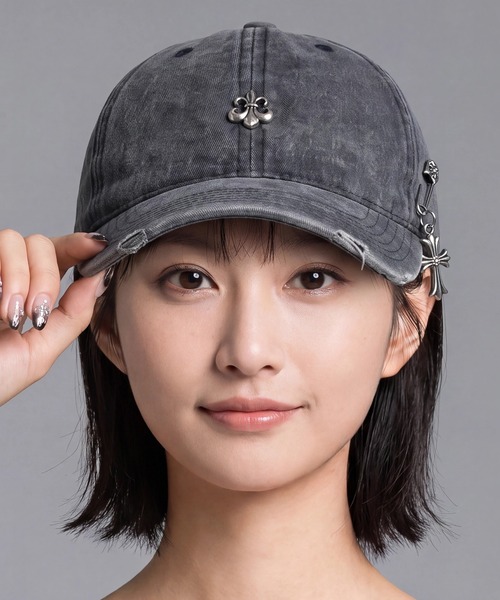 SETUP7(セットアップセブン)の「【SETUP7】シルバーモチーフキャップ クロスモチーフ 十字架 メタル CAP 帽子(キャップ・レディース・チャコールグレー/ブラック・FREE)」の6枚目の写真