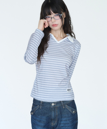 リブストライプ襟付き長袖Tシャツ（セミクロップ）[グレー]