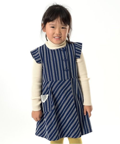 Seraph（セラフ）の「ストライプジャンパースカート（ジャンパースカート・キッズ・キナリ/ネイビー・140/130/90/95/80/110/100/120）」の2枚目の写真