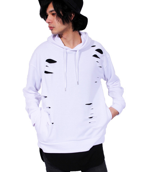 8(eight)(エイト)の「ダメージ加工プルオーバーパーカー スウェット(パーカー・メンズ・カーキ/ブラック/ホワイト/グレー・LARGE/MEDIUM)」の2枚目の写真