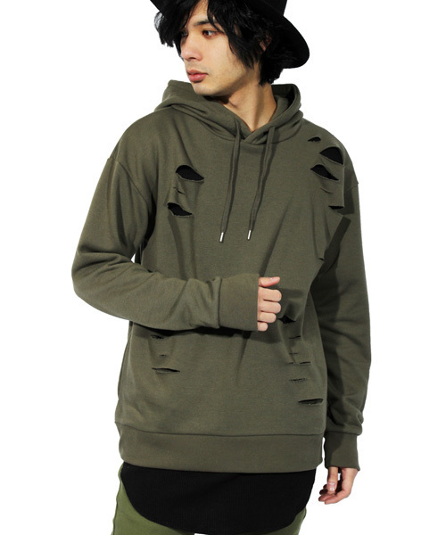 8(eight)(エイト)の「ダメージ加工プルオーバーパーカー スウェット(パーカー・メンズ・カーキ/ブラック/ホワイト/グレー・LARGE/MEDIUM)」の4枚目の写真