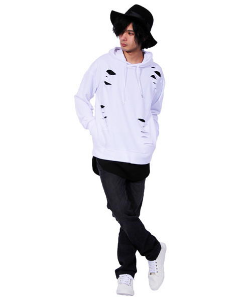 8(eight)(エイト)の「ダメージ加工プルオーバーパーカー スウェット(パーカー・メンズ・カーキ/ブラック/ホワイト/グレー・LARGE/MEDIUM)」の5枚目の写真