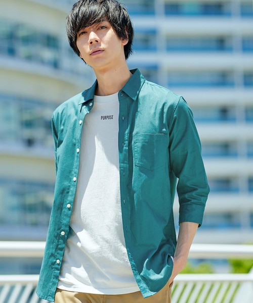 MONO-MART（モノマート）の「7分袖ストレッチリネンシャツ/ナチュラル綿麻素材（シャツ/ブラウス・メンズ・グリーン系その他/ネイビー/ブルー系その他/ブルー系その他2/ブルー系その他3/ライトピンク/オフホワイト/ホワイト系その他2/ホワイト系その他/ホワイト系その他3/レッド系その他/グレー系その他/ブラック/ホワイト系その他4/ブラウン/ベージュ/グリーン系その他2/オレンジ系その他・M/XL/L/S）」の11枚目の写真