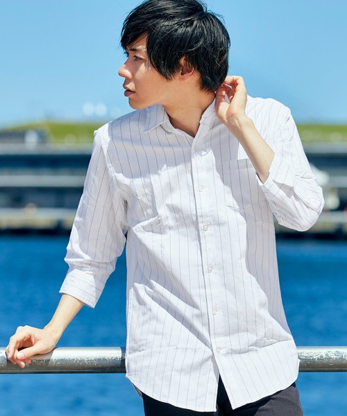 MONO-MART（モノマート）の「7分袖ストレッチリネンシャツ/ナチュラル綿麻素材（シャツ/ブラウス・メンズ・グリーン系その他/ネイビー/ブルー系その他/ブルー系その他2/ブルー系その他3/ライトピンク/オフホワイト/ホワイト系その他2/ホワイト系その他/ホワイト系その他3/レッド系その他/グレー系その他/ブラック/ホワイト系その他4/ブラウン/ベージュ/グリーン系その他2/オレンジ系その他・M/XL/L/S）」の5枚目の写真