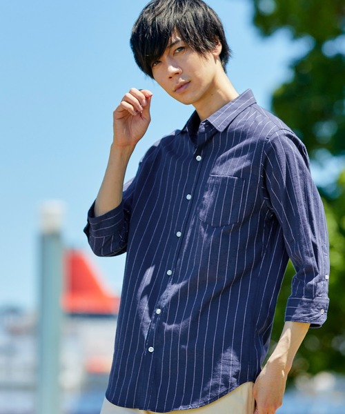 MONO-MART（モノマート）の「7分袖ストレッチリネンシャツ/ナチュラル綿麻素材（シャツ/ブラウス・メンズ・グリーン系その他/ネイビー/ブルー系その他/ブルー系その他2/ブルー系その他3/ライトピンク/オフホワイト/ホワイト系その他2/ホワイト系その他/ホワイト系その他3/レッド系その他/グレー系その他/ブラック/ホワイト系その他4/ブラウン/ベージュ/グリーン系その他2/オレンジ系その他・M/XL/L/S）」の16枚目の写真