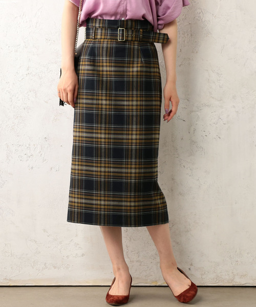 Cheek（チーク）の「共ベルトチェックロングタイトスカート（スカート・レディース・ベージュ/ネイビー/グレー・MEDIUM）」の3枚目の写真