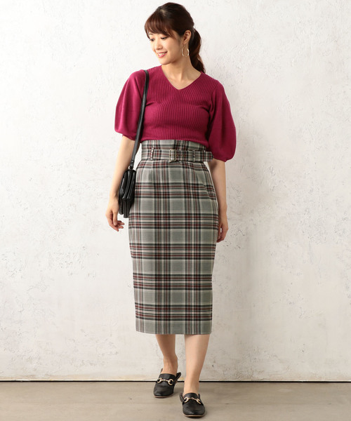 Cheek（チーク）の「共ベルトチェックロングタイトスカート（スカート・レディース・ベージュ/ネイビー/グレー・MEDIUM）」の8枚目の写真