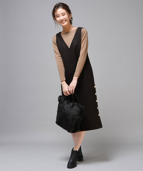 un dix cors（アンディコール）の「メルトンIラインワンピース（ジャンパースカート・レディース・オフホワイト/ブラック・FREE）」の5枚目の写真