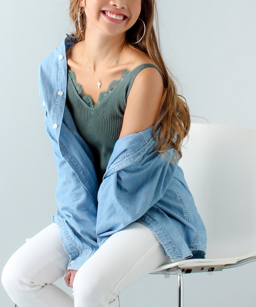 JUNOAH（ジュノア）の「レースリブキャミタンクトップ（タンクトップ・レディース・ホワイト/ブラック/パープル/ネイビー/ブラウン/グレー/オリーブ/ピンク/ブルー/グリーン/ダークグレー/ミント/クリーム/ワイン/サーモンピンク・FREE）」の8枚目の写真