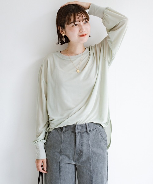 haco!（ハコ）の「合わせやすくてコーデが華やぐ　パジャマ並みにやわらかな着心地のシアーロンT by who made me（Tシャツ/カットソー・レディース・ミント/グレイッシュブルー・1/2）」の2枚目の写真