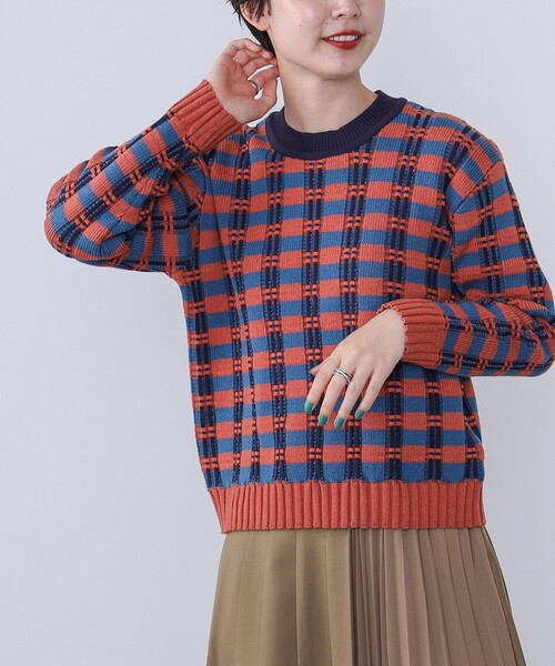 BEAMS HEART（ビームスハート）の「フクレ チェック ニット（ニット/セーター・レディース・イエロー/オレンジ/グリーン・FREE）」の3枚目の写真