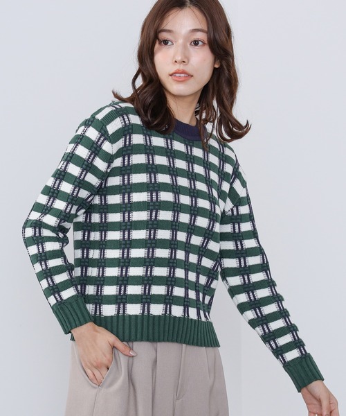 BEAMS HEART（ビームスハート）の「フクレ チェック ニット（ニット/セーター・レディース・イエロー/オレンジ/グリーン・FREE）」の9枚目の写真