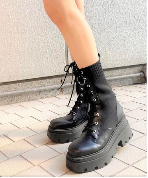 R&E（アールアンドイー）の「【R&E】トラックソールニットレースアップミドルブーツ（ブーツ・レディース・ブラック/アイボリー・S/LL/M/L/3L）」の18枚目の写真